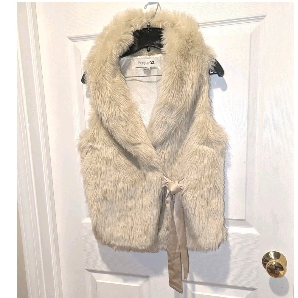 Mob Wife Faux Fur Vest Cream Shaggy‎ Tie Front Forever 21 M Medium Y2K